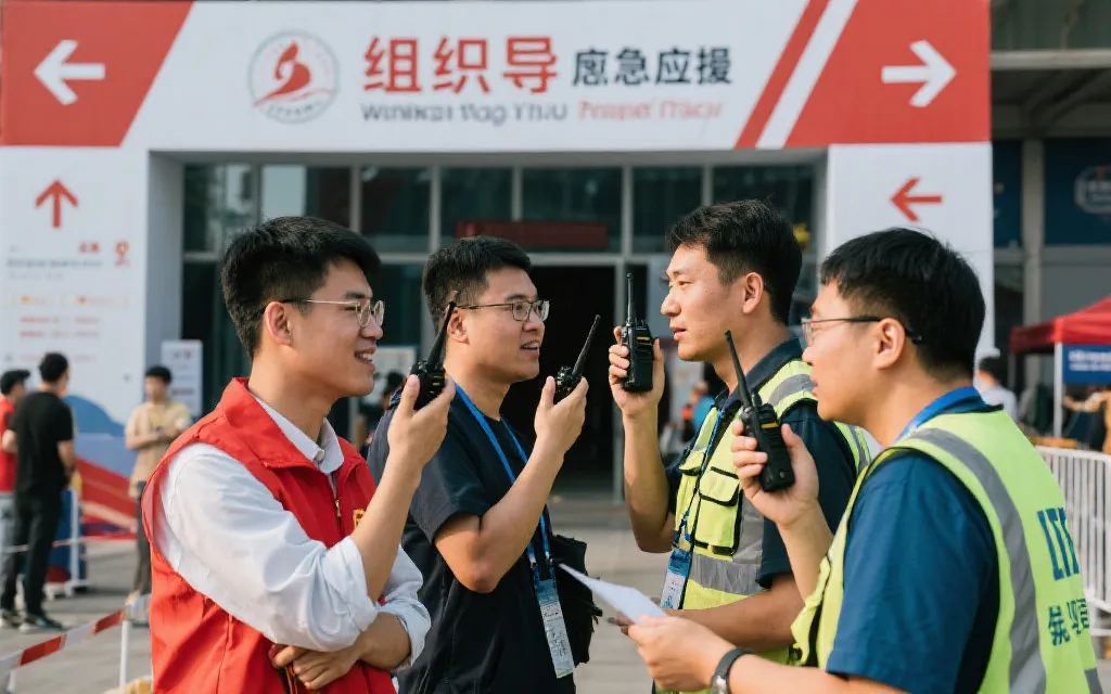 志愿者在活动现场使用清单与对讲沟通，体现组织协调与危机应对能力
