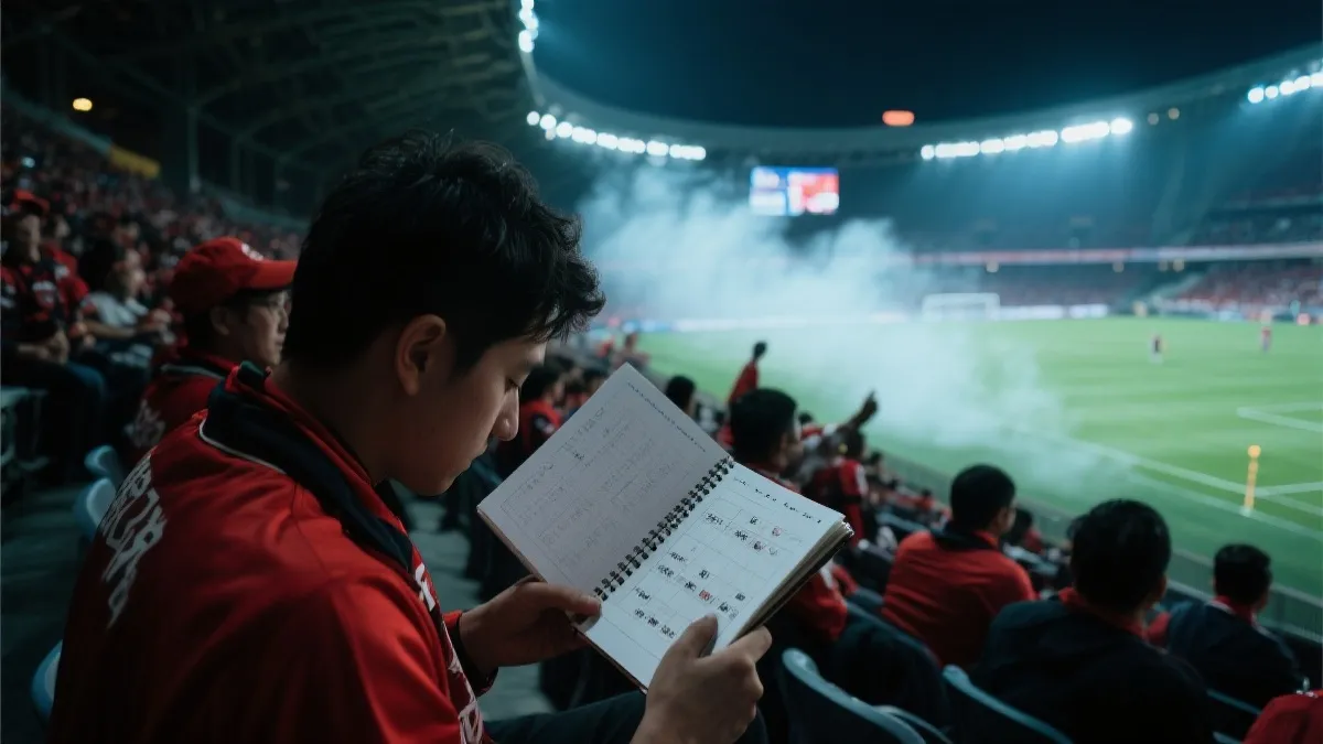 球迷在看台上研究淘汰赛签表的氛围照片，光影强烈，电影感