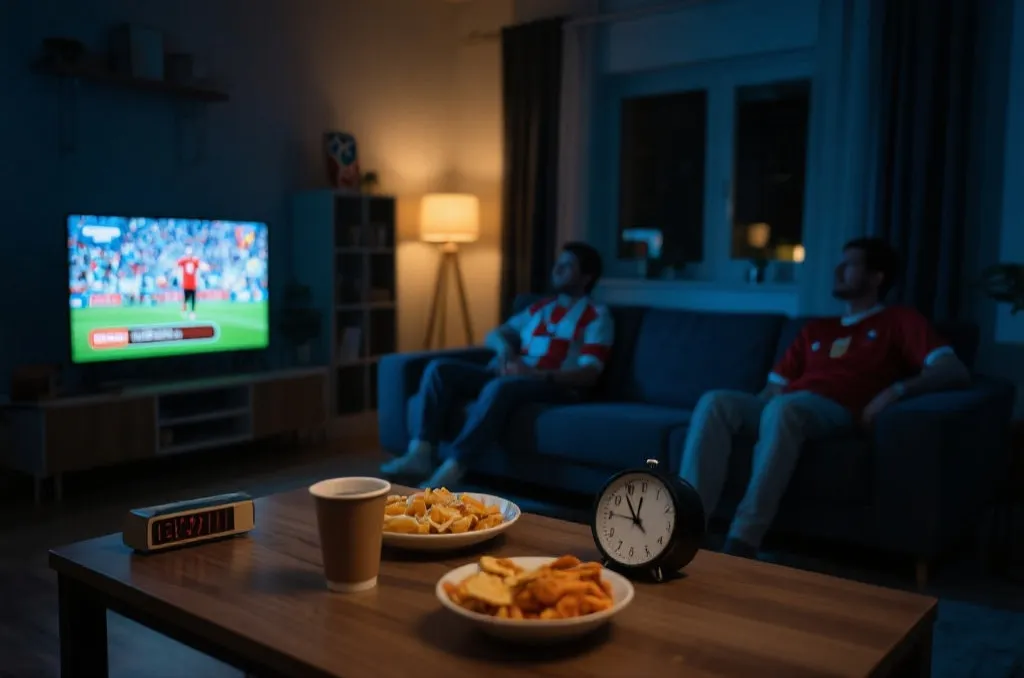 深夜客厅里球迷看世界杯直播，桌上有咖啡、零食和计时提醒，氛围专注
